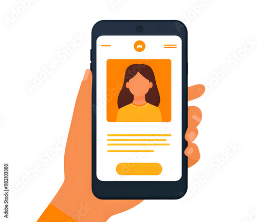 Illustration of a hand holding a smartphone displaying an online user profile