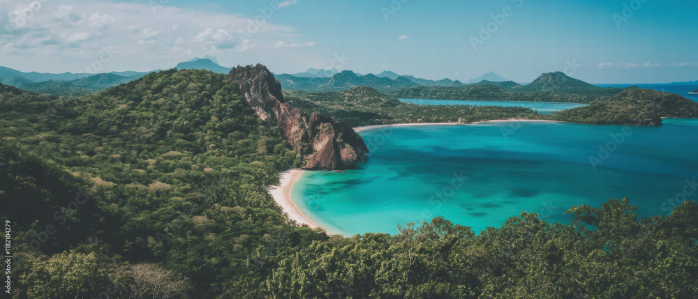 Fototapeta premium Tropical island paradise with white sand beach and turquoise waters awaiting relaxation