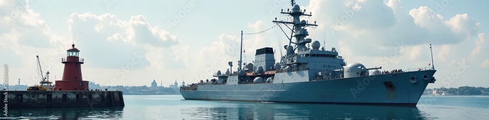 Large military cruiser moored in the harbor with a nearby lighthouse, water, docked, navigation Large military cruiser moored in the harbor with a nearby lighthouse, water, docked, navigation