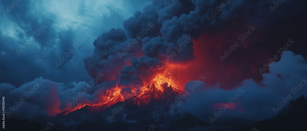 Dramatic volcanic eruption spewing lava and ash into the stormy sky at twilight Dramatic volcanic eruption spewing lava and ash into the stormy sky at twilight