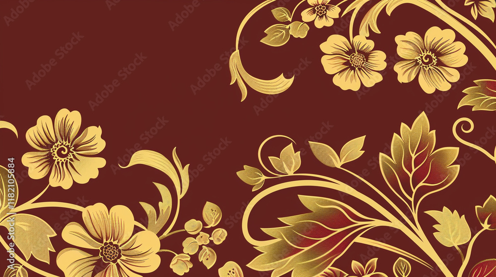 A Mughal-inspired design featuring intricate floral motifs in rich gold and deep red tones A Mughal-inspired design featuring intricate floral motifs in rich gold and deep red tones