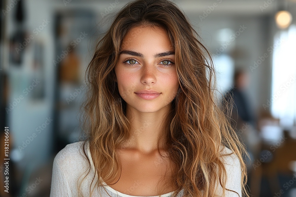 Fototapeta premium A young woman with wavy hair and a natural look, smiling softly in a cozy indoor setting.