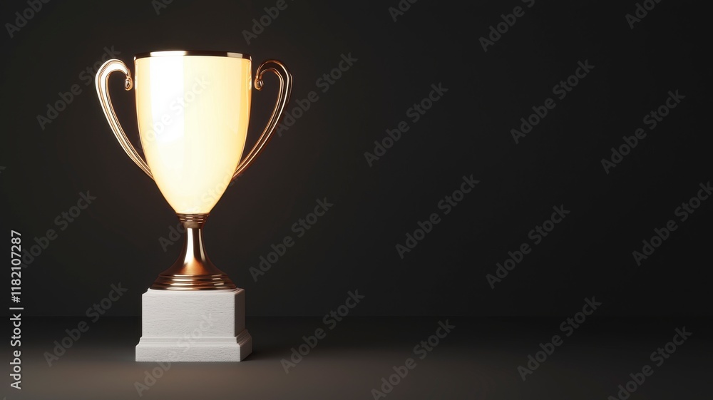 Glowing 3D Trophy with Realistic Textures on Dark Background, Featuring Elegant Design, Perfect for Awards and Recognition Themes, High-Quality Render for Stock Photography Glowing 3D Trophy with Realistic Textures on Dark Background, Featuring Elegant Design, Perfect for Awards and Recognition Themes, High-Quality Render for Stock Photography