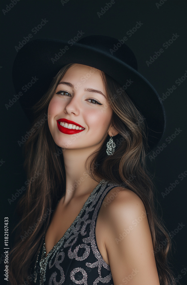 A fashion model wearing a black hat and blouse with a patterned scarf, posing for the camera, with a beautiful face A fashion model wearing a black hat and blouse with a patterned scarf, posing for the camera, with a beautiful face