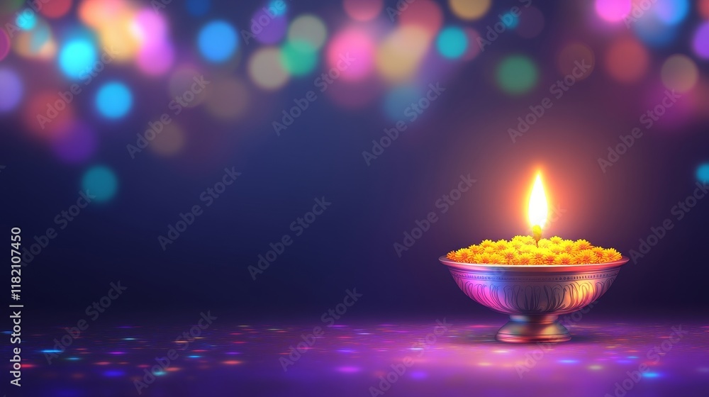 Illuminated Diwali Lamp with Marigold Flowers and Bokeh Lights Illuminated Diwali Lamp with Marigold Flowers and Bokeh Lights