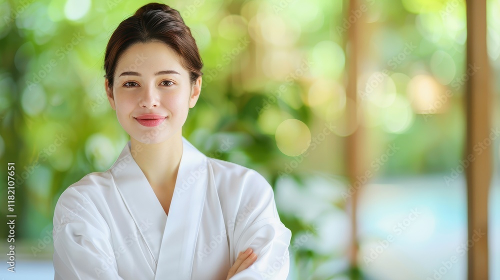 A serene woman in a white robe stands confidently, surrounded by lush greenery, exuding tranquility and warmth. A serene woman in a white robe stands confidently, surrounded by lush greenery, exuding tranquility and warmth.