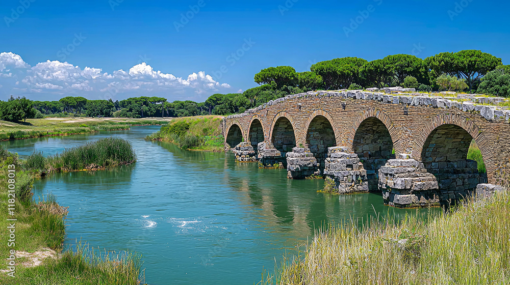 Fototapeta premium Ancient Roman Bridge over Serene River: A Picturesque Italian Landscape