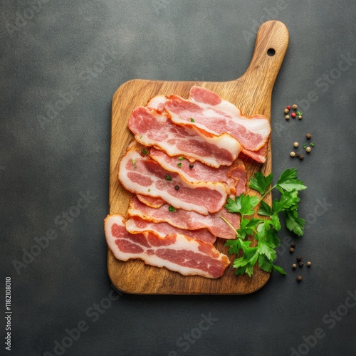 Gourmet Canadian Bacon on Wooden Board Celebrating Canadian Bacon Day, Christmas, and Thanksgiving in Warm Rustic Style photo