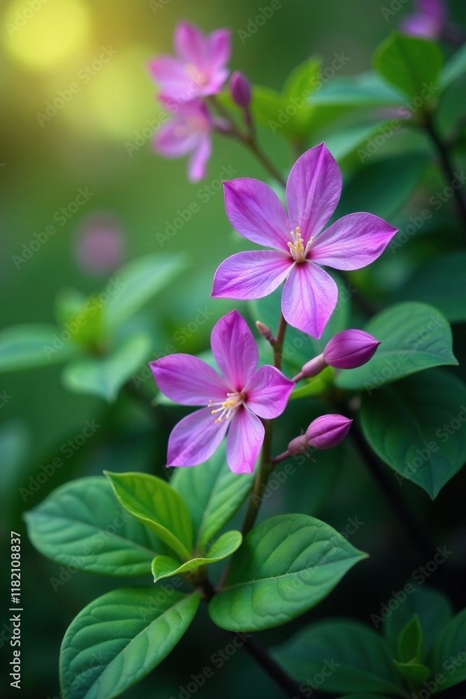 Naklejka premium Delicate purple flowers bloom on a bush with large oval-shaped leaves, leaves, blossom, floral