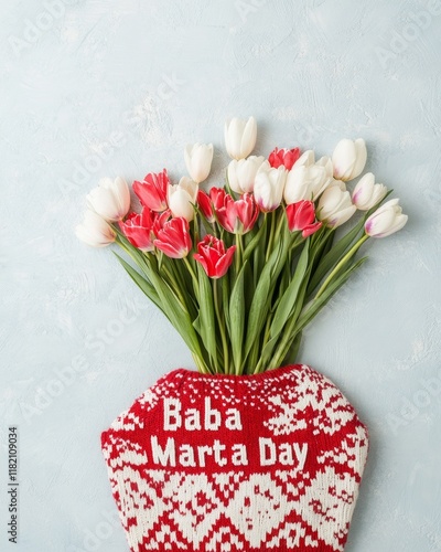 Celebrating Baba Marta Day with Vibrant Martenitsa Patterns and Spring Blooms - Easter or Spring Festival Decor photo