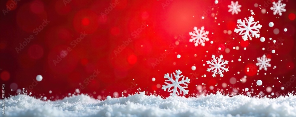 Delicate snowflakes fall gently on a festive red background, festive, colorful, winter Delicate snowflakes fall gently on a festive red background, festive, colorful, winter