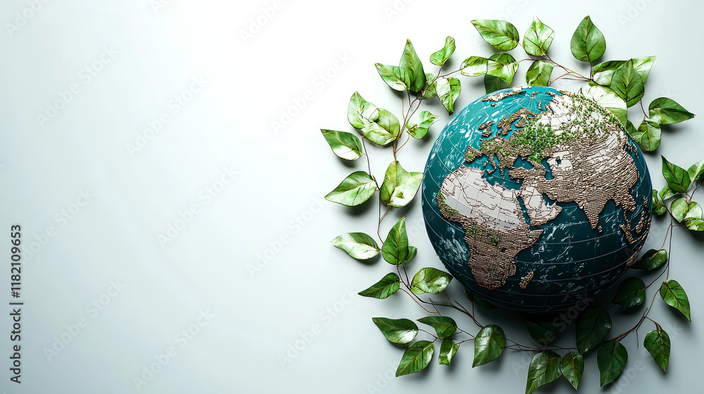 Green Planet Earth: A Vibrant Globe Surrounded by Lush Leaves Green Planet Earth: A Vibrant Globe Surrounded by Lush Leaves