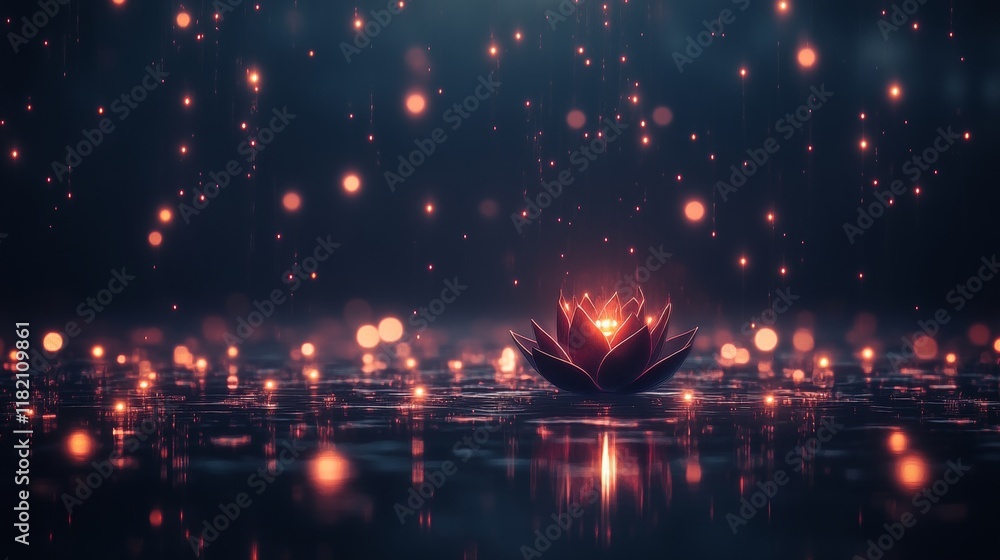 Fototapeta premium Illuminated Lotus Flower Glowing in Dark Water with Falling Lights