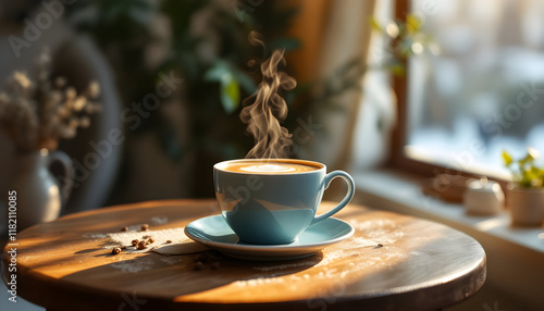 Steaming Latte in a Blue Cup: Warm, Cozy Coffee Scene photo