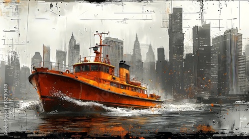 Modern abstract artwork featuring a view of New York, with a river and bridge