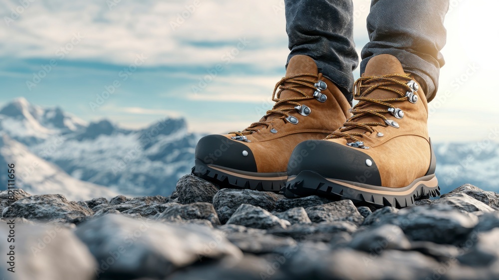 Realistic Climbing Boots on Rugged Rocky Terrain with Scenic Background and Natural Beauty for Outdoor Adventures and Hiking Activities Realistic Climbing Boots on Rugged Rocky Terrain with Scenic Background and Natural Beauty for Outdoor Adventures and Hiking Activities