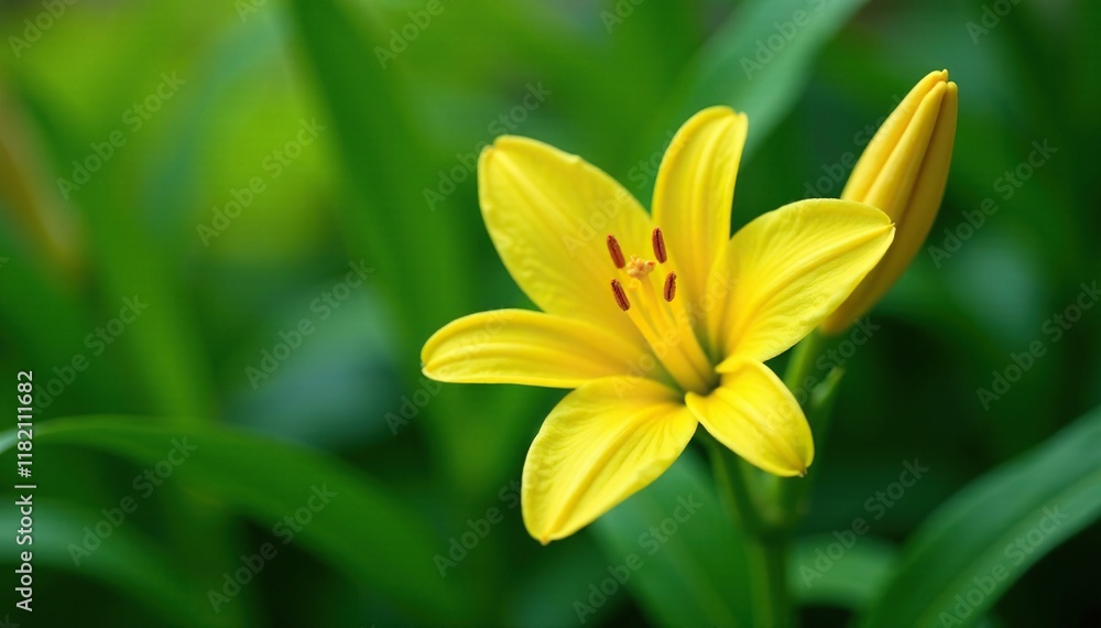 Delicate yellow lily flower with tightly closed bud on lush green foliage, growth, floral Delicate yellow lily flower with tightly closed bud on lush green foliage, growth, floral