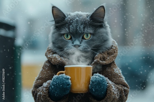 Sad cute adult cat lykoi in winter warm clothes, holding warm drink with rising steam in paws. Social digital ads - Ð°nimal care. Problem of endangered animals. Kitten protection plan. photo