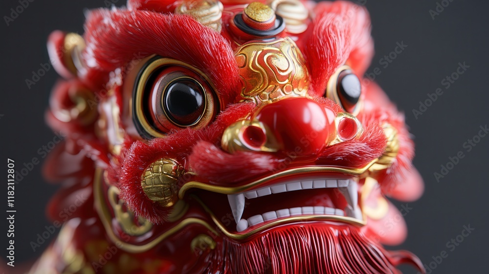 Naklejka premium detailed toy lion dance figure featuring a red and gold body, with moving parts to mimic the traditional lion dance.