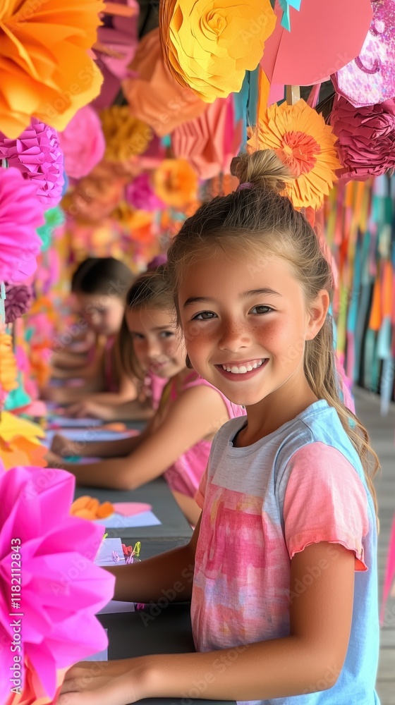 Children engaged in crafting colorful paper masks at a lively outdoor activity center Children engaged in crafting colorful paper masks at a lively outdoor activity center