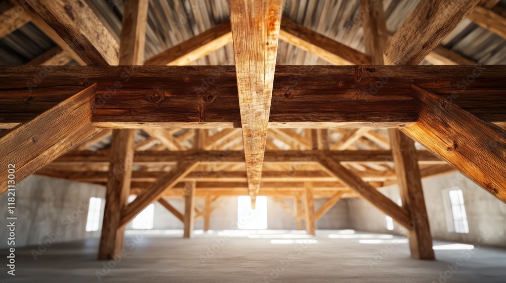 A bright, open interior of a wooden structure under construction, A bright, open interior of a wooden structure under construction,