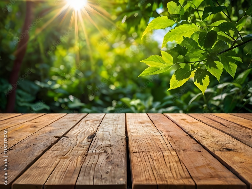 Wooden Table Against Sunlit Green Foliage Background in Summer Wooden Table Against Sunlit Green Foliage Background in Summer