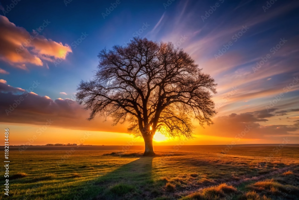 Silhouette of Lone Tree in Open Field at Sunset - Dramatic Landscape Photography Silhouette of Lone Tree in Open Field at Sunset - Dramatic Landscape Photography