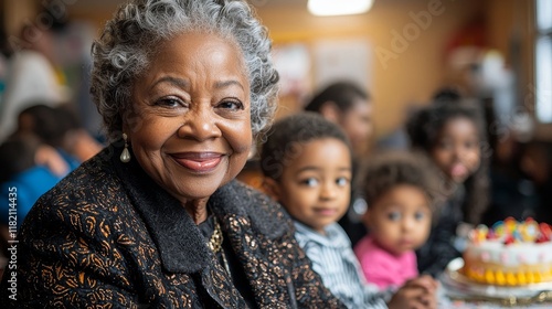 Surrounded by children at a birthday celebration, the elderly woman’s warm smile beams as she interacts and indulges in a colorful cake, their shared laughter and love making the cozy setting truly