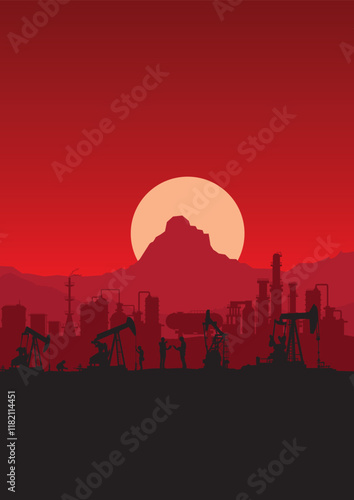 Oil pumpjack Vector, Silhouette of jack up drilling rig, illustration for background.