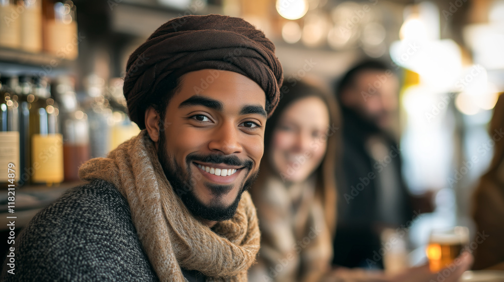 Smiling mixed race man with a turban enjoying a social gathering in a cozy, softly lit cafe setting, surrounded by friends and warm, inviting decor. Smiling mixed race man with a turban enjoying a social gathering in a cozy, softly lit cafe setting, surrounded by friends and warm, inviting decor.