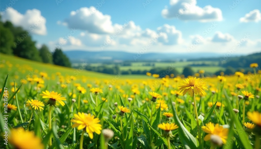 Fototapeta premium Dotted with bright yellow dandelions and patches of wildflowers, wildflowers, landscape photography