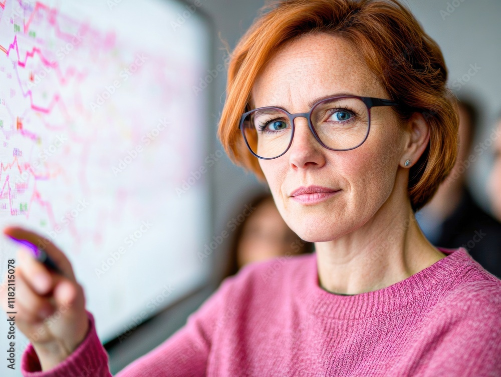A woman wearing glasses is pointing at a white board with a lot of numbers A woman wearing glasses is pointing at a white board with a lot of numbers