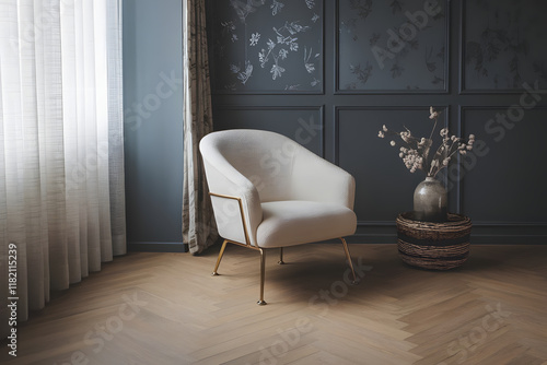 Minimal  Modern  Cozy Empty Room Background With Armchair and Luxury Blue Wall