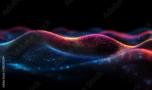 Network, lines and dots on a black background for internet connection, artificial intelligence and brain neural pathways. Colourful, vibrant and iridescent connectivity for wifi, global, Generative AI