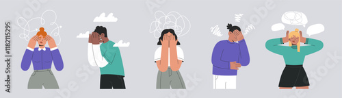 Frustrated, sad people in bad mood set, suffering from mental psychological disorders. Characters with tangled thoughts, confusion, anxiety and grief, flat vector illustrations isolated background