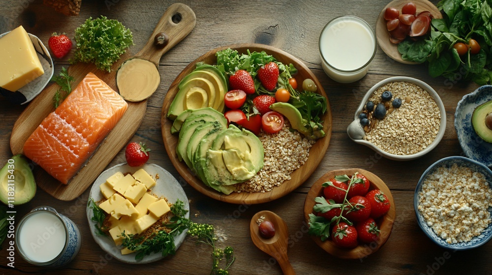 A colorful spread of healthy foods including salmon, vegetables, and dairy on a wooden table. A colorful spread of healthy foods including salmon, vegetables, and dairy on a wooden table.