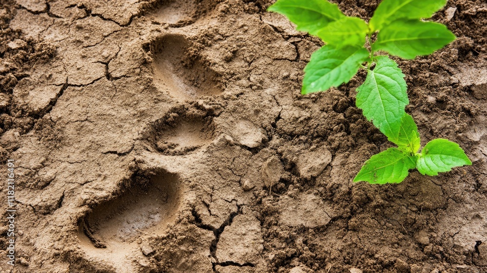 Fresh green plant growing next to animal footprints on cracked, dry soil, signifying contrast and resilience Fresh green plant growing next to animal footprints on cracked, dry soil, signifying contrast and resilience