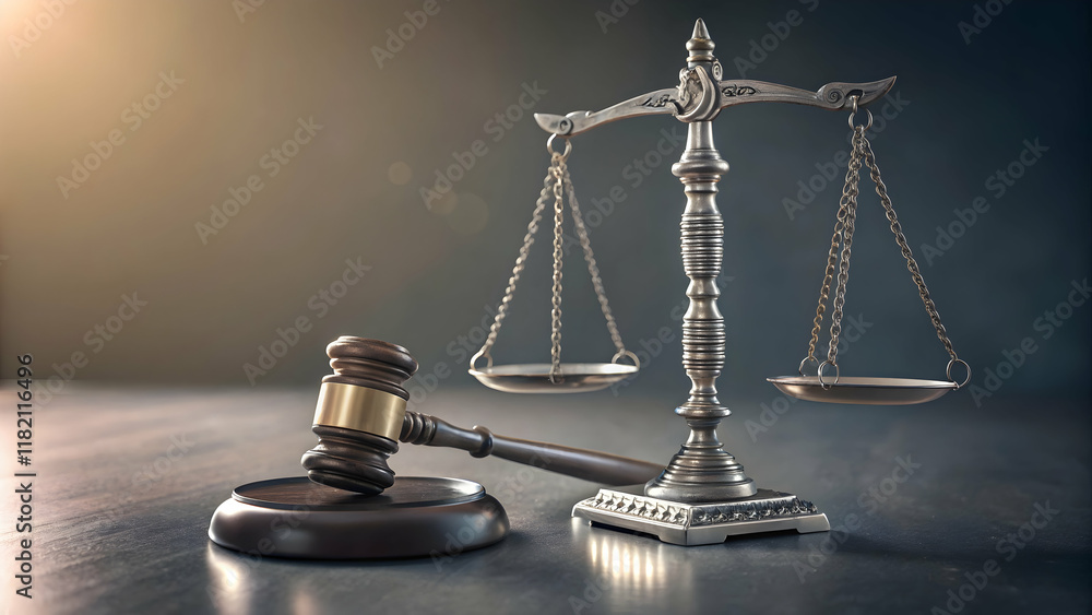 Justice Symbol with Gavel and Scales on Dark Background Justice Symbol with Gavel and Scales on Dark Background
