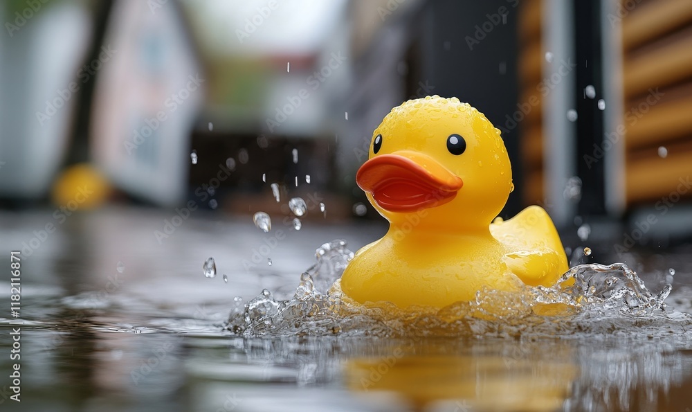 Water, house or rubber duck in hurricane flood, chaos or natural disaster, damage or destruction. Splash, insurance and home crisis with plumbing mistake, leak or emergency, evacuation, Generative AI Water, house or rubber duck in hurricane flood, chaos or natural disaster, damage or destruction. Splash, insurance and home crisis with plumbing mistake, leak or emergency, evacuation, Generative AI