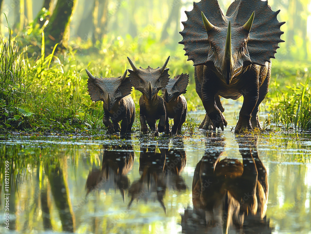 Triceratops Family Strolling Through Marshland Triceratops Family Strolling Through Marshland