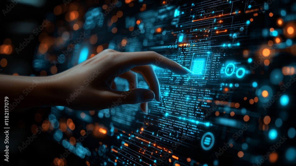 A close-up of a hand working with a shimmering digital interface, featuring data streams and cutting-edge technology A close-up of a hand working with a shimmering digital interface, featuring data streams and cutting-edge technology