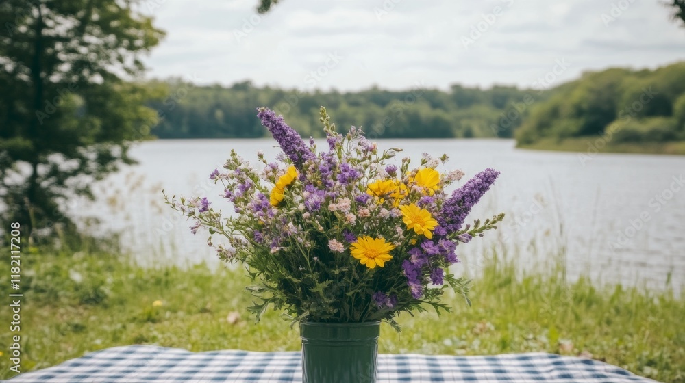 Obraz premium Lakeside Picnic with Vibrant Wildflower Bouquet