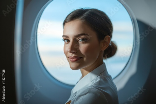 A candid shot of a flight attendant standing at the aircraft door, welcoming passengers with a warm expression and a blue sky visible outside,copy space background photo