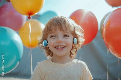 A child with a hearing aid smiling brightly as they play with colorful balloons under a sunny sky,copy space background photo