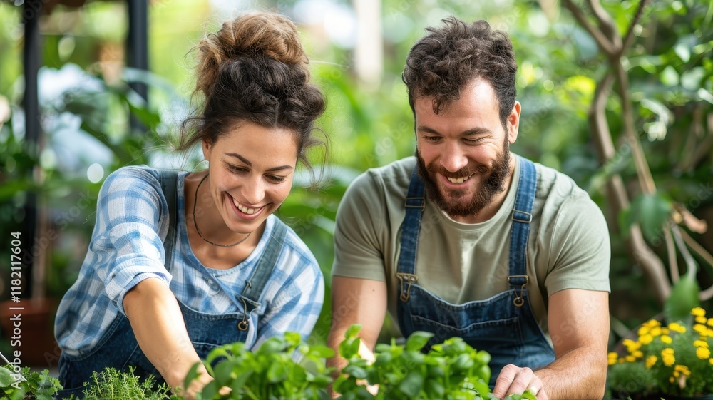 custom made wallpaper toronto digitalA joyful couple gardening together, tending to plants in a lush, green environment, showcasing their love for nature and teamwork.