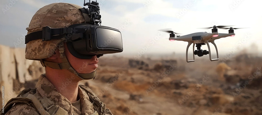 Soldier using VR headset to control drone in warzone. Futuristic military technology for reconnaissance and combat. Soldier using VR headset to control drone in warzone. Futuristic military technology for reconnaissance and combat.