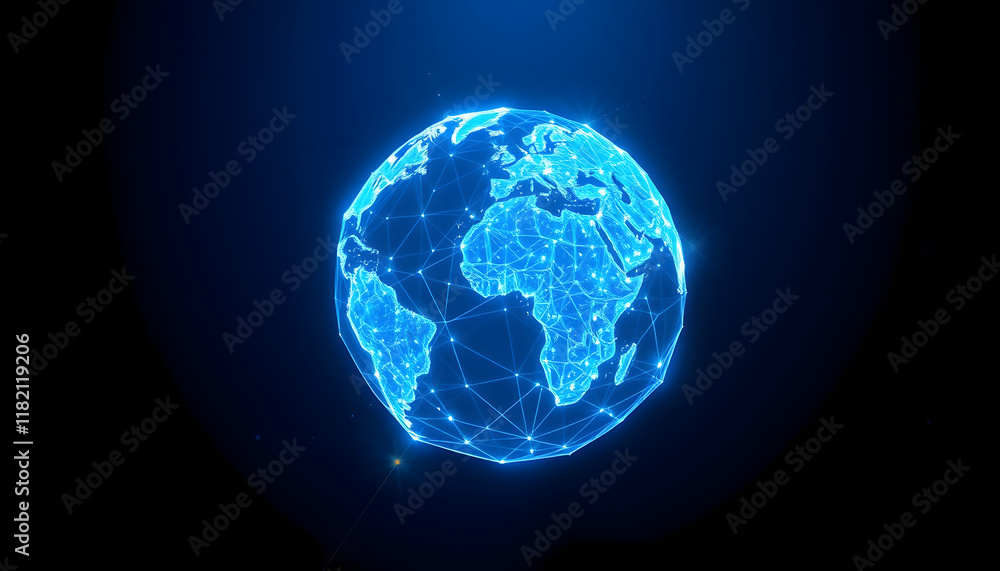 Glowing blue polygonal earth hologram with lines and sparkles on dark background. Metaverse and global world concept. 3D Rendering, realistic, with white tones Glowing blue polygonal earth hologram with lines and sparkles on dark background. Metaverse and global world concept. 3D Rendering, realistic, with white tones