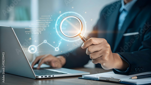 Business Professional Analyzing Data With Magnifying Glass Concept