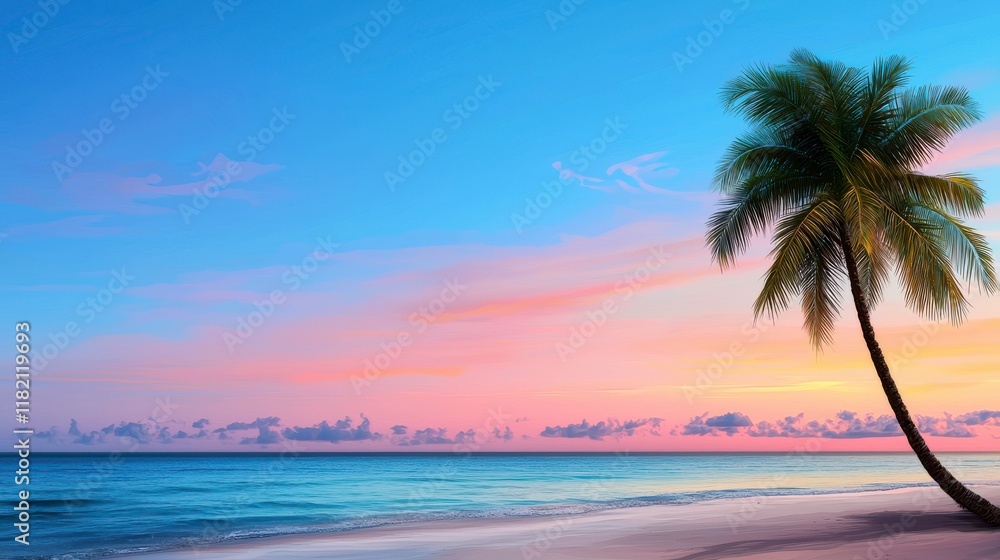 Serene Sunset Over Tranquil Beach with Single Palm Tree Silhouette Serene Sunset Over Tranquil Beach with Single Palm Tree Silhouette