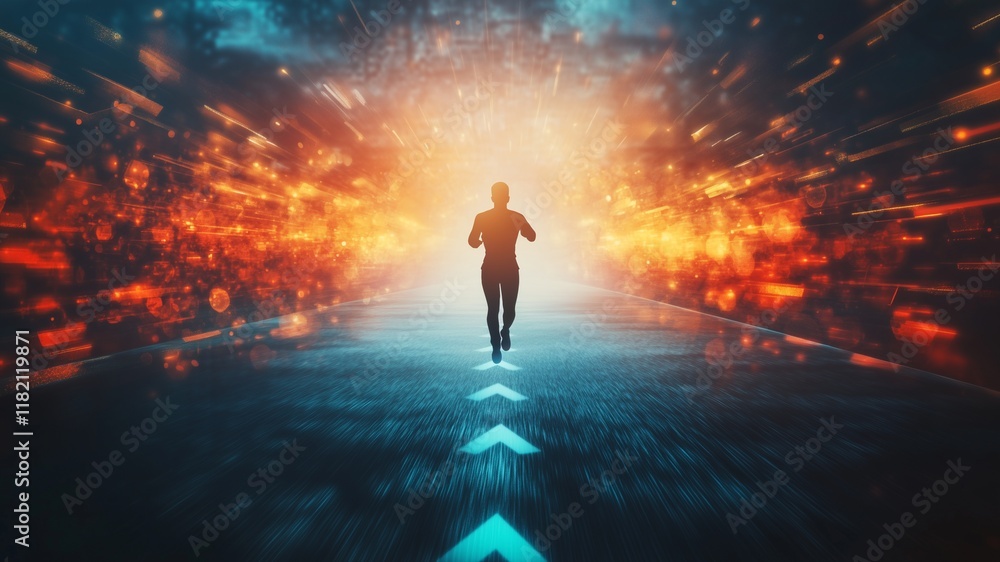 silhouette of a person running on an infinite road towards a shining horizon symbolizing success ,ambition with abstract elements like upward arrows glowing lights suitable for business motivational silhouette of a person running on an infinite road towards a shining horizon symbolizing success ,ambition with abstract elements like upward arrows glowing lights suitable for business motivational